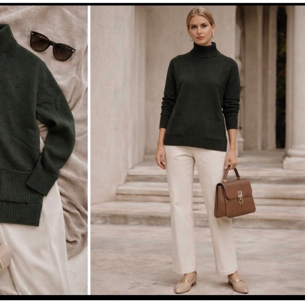Cashmere Project Forest Green Pocket Mock Neck Sweater